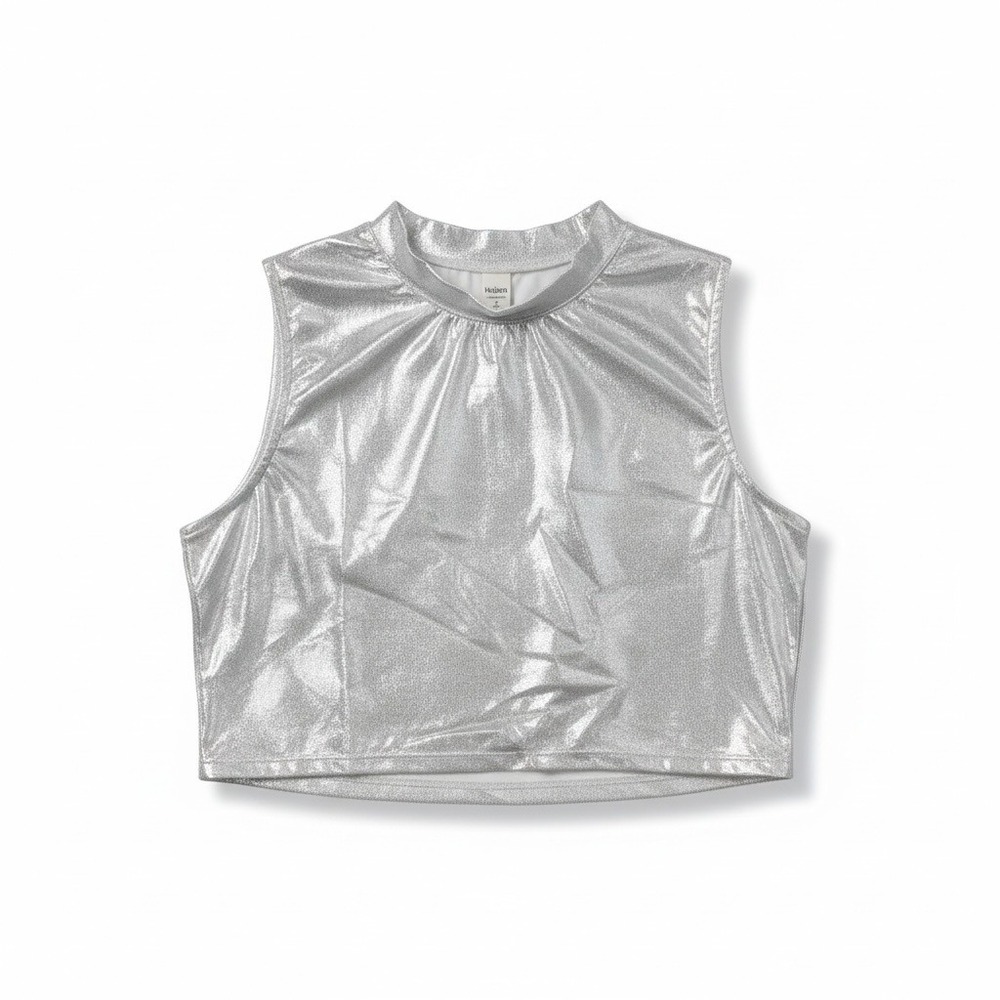 Halara‎ NWT Floating White Bright Skin Shiny Metallic Mock Neck Crop Top Small